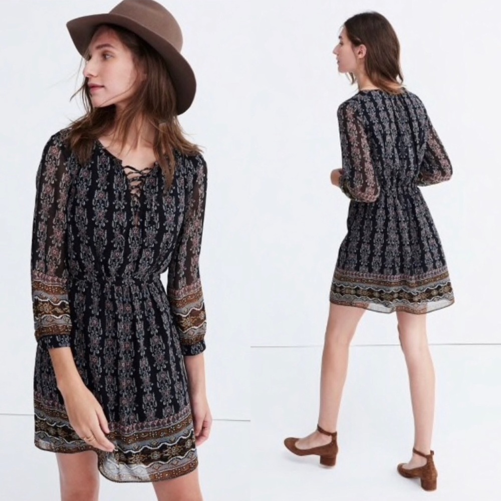 Madewell Lace Up Burnished Floral Mini Dress Black/Brown Size 00